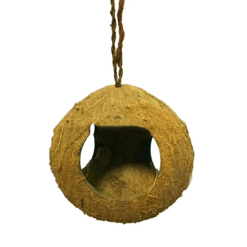 Brown coconut shell bird nest feeder, small hanging bird house, 12-16cm diameter, about 30cm height
