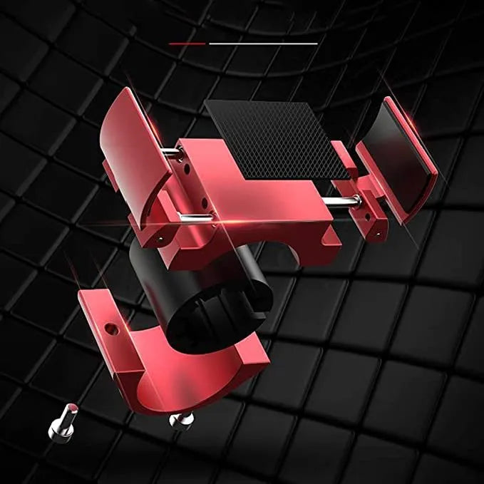 Folding bike phone mount in black, red, or silver, aluminium alloy with silicone sheets, one-hand operation, ring design