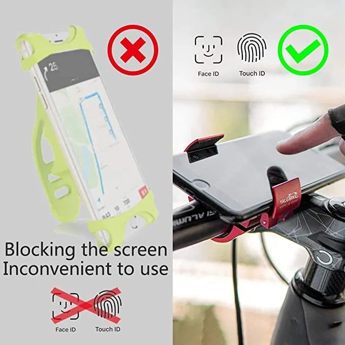 Folding bike phone mount in black, red, or silver, aluminium alloy with silicone sheets, one-hand operation, ring design