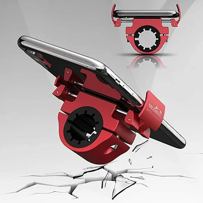Folding bike phone mount in black, red, or silver, aluminium alloy with silicone sheets, one-hand operation, ring design