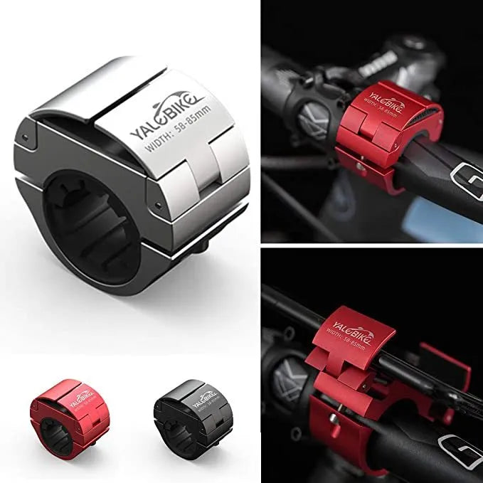 Folding bike phone mount in black, red, or silver, aluminium alloy with silicone sheets, one-hand operation, ring design