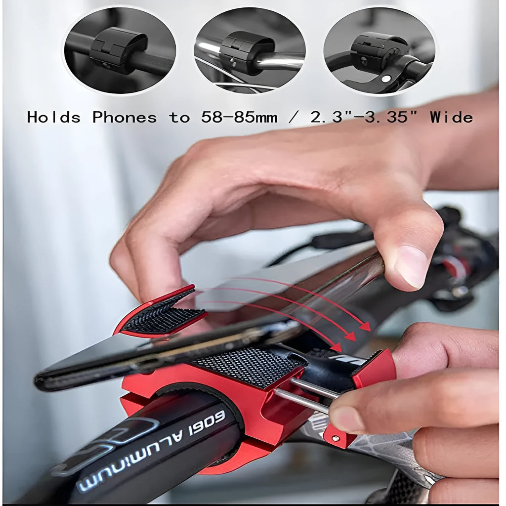 Folding bike phone mount in black, red, or silver, aluminium alloy with silicone sheets, one-hand operation, ring design