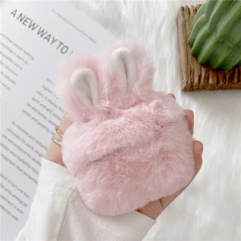 Pink and grey AirPods protective covers with rabbit ears design for Apple wireless headphones