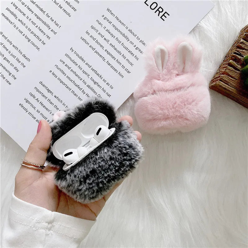 Pink and grey AirPods protective covers with rabbit ears design for Apple wireless headphones
