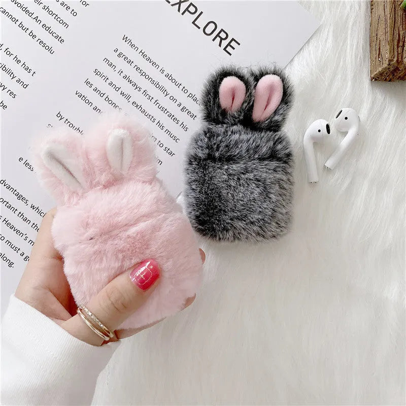 Pink and grey AirPods protective covers with rabbit ears design for Apple wireless headphones