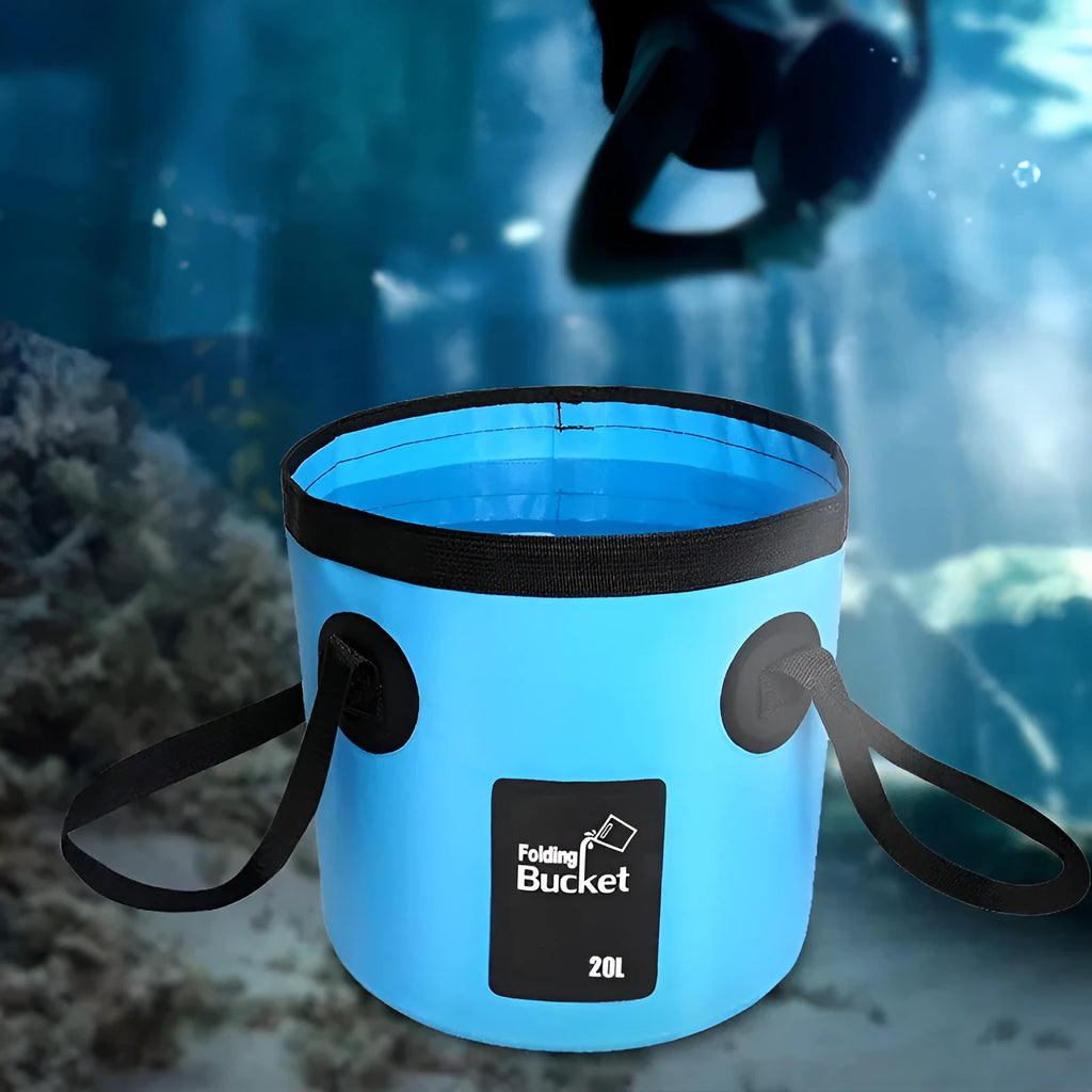 Portable folding bucket in yellow made from PVC tarpaulin, opened to 10.5 inches high with a 20L capacity