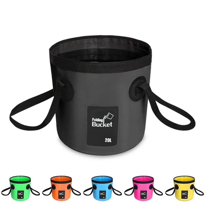 Portable folding bucket in yellow made from PVC tarpaulin, opened to 10.5 inches high with a 20L capacity
