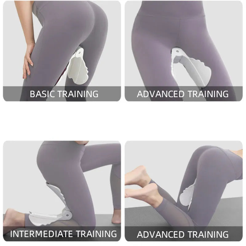Pink ABS silicone pelvic floor hip trainer 27cm on white background with exercise pose diagram