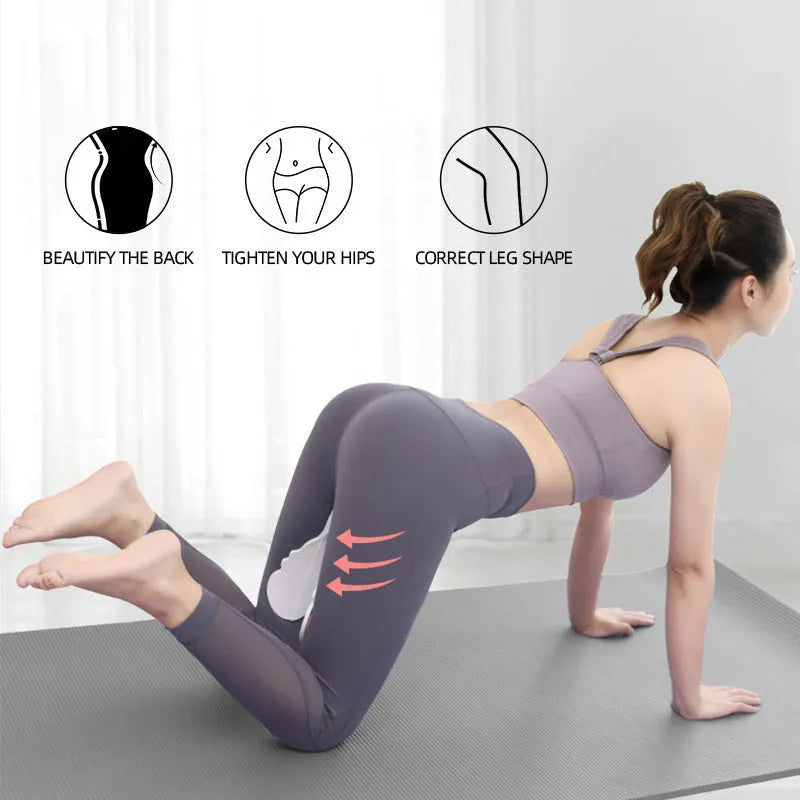 Pink ABS silicone pelvic floor hip trainer 27cm on white background with exercise pose diagram