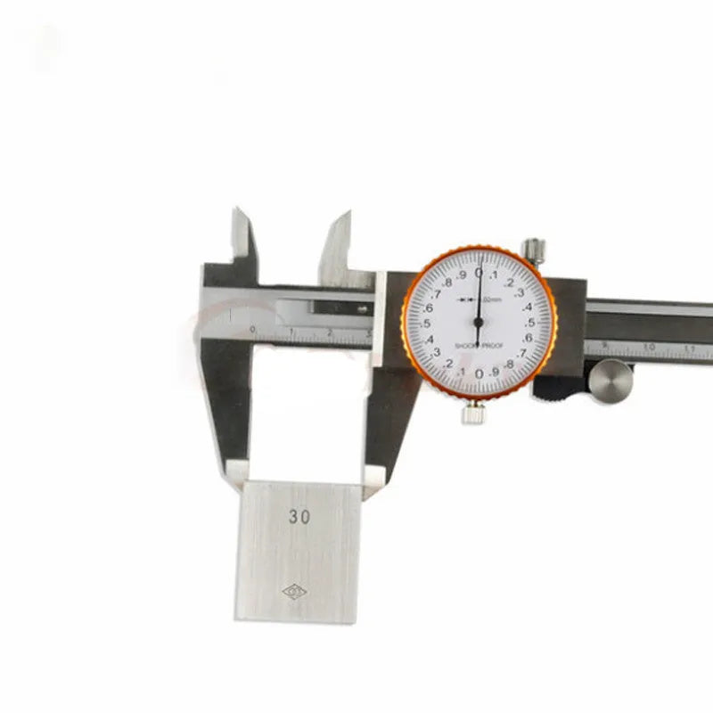 Black and white plastic vernier caliper showing 0-150mm scale with stainless steel measuring jaws