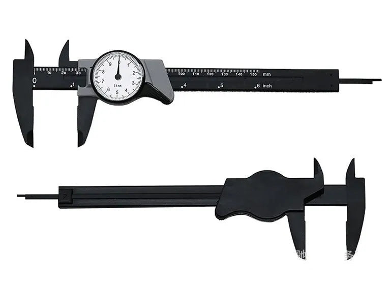 Black and white plastic vernier caliper showing 0-150mm scale with stainless steel measuring jaws
