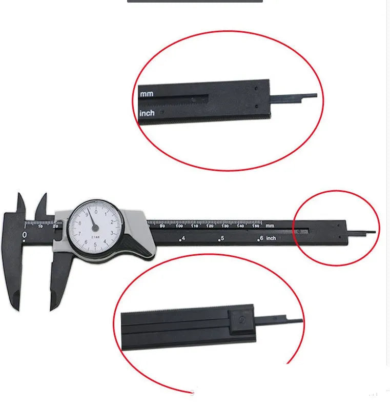 Black and white plastic vernier caliper showing 0-150mm scale with stainless steel measuring jaws