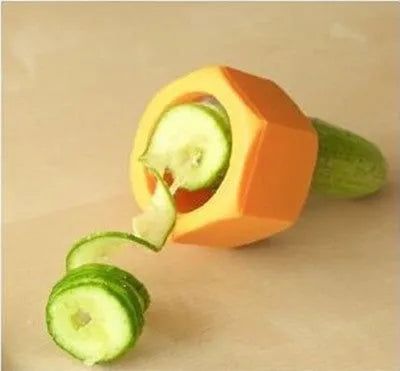 Yellow and green manual spiral vegetable cutter for slicing cucumbers, made from food-grade ABS plastic.