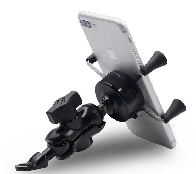 Black aluminium alloy motorcycle phone mount attached to a bike handlebar, holding a mobile phone.