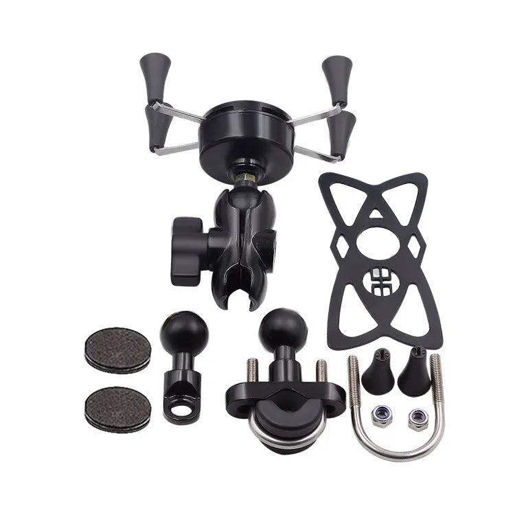 Black aluminium alloy motorcycle phone mount attached to a bike handlebar, holding a mobile phone.