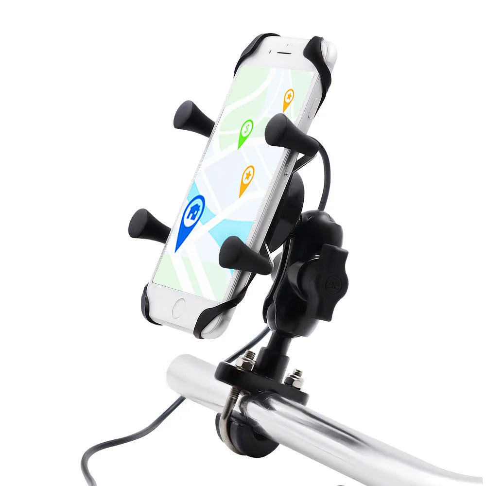 Black aluminium alloy motorcycle phone mount attached to a bike handlebar, holding a mobile phone.