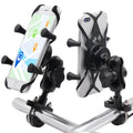 Black aluminium alloy motorcycle phone mount attached to a bike handlebar, holding a mobile phone.