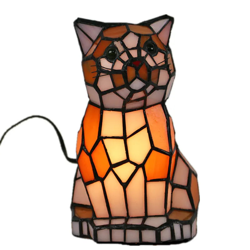 Animal-themed table lamp with Tiffany stained glass shade, 12.5cm wide and 17.8cm high, E12/E14 holder and 5W bulb