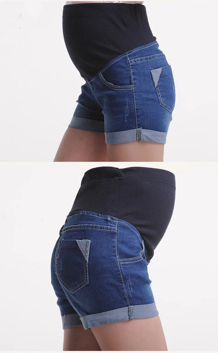 Blue maternity denim shorts with adjustable abdomen support, cotton blend, sizes M to 3XL