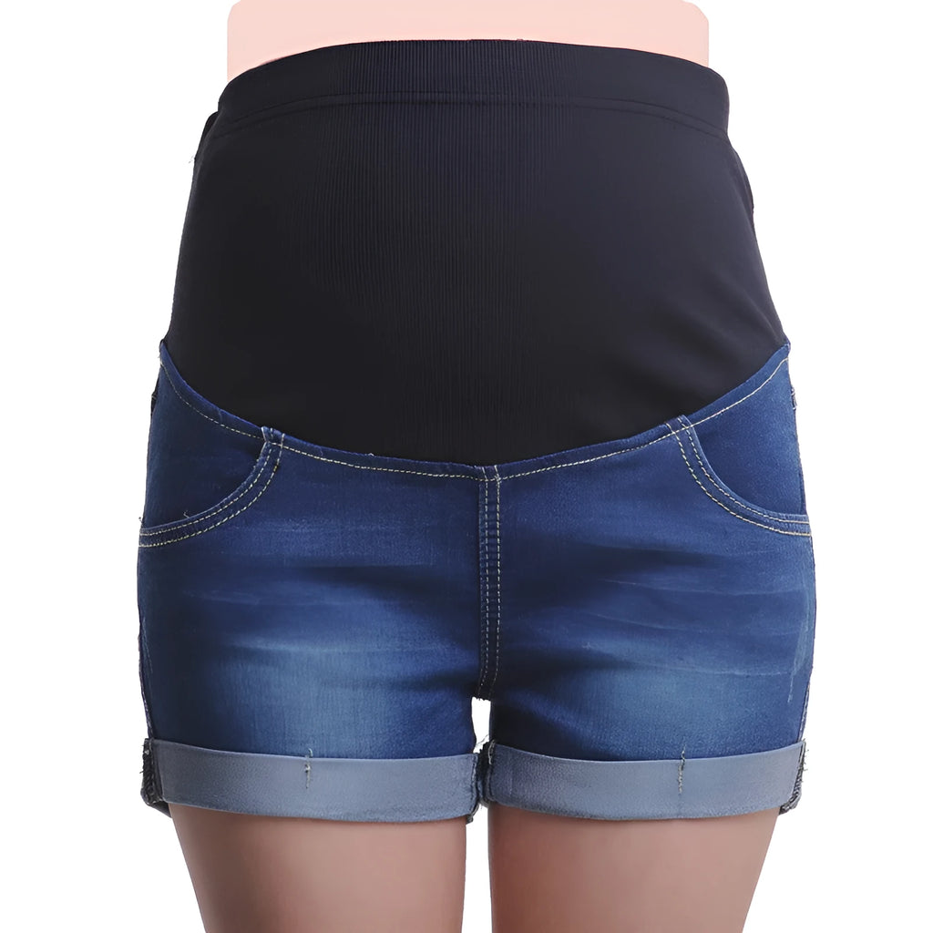 Blue maternity denim shorts with adjustable abdomen support, cotton blend, sizes M to 3XL