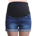 Blue maternity denim shorts with adjustable abdomen support, cotton blend, sizes M to 3XL