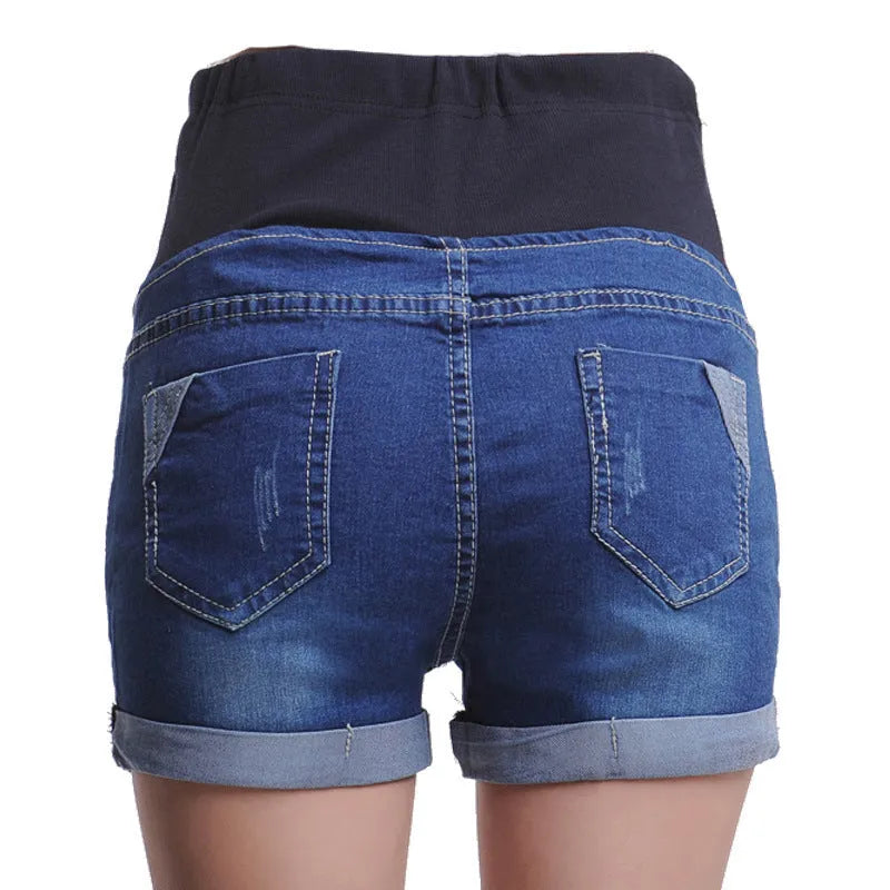 Blue maternity denim shorts with adjustable abdomen support, cotton blend, sizes M to 3XL