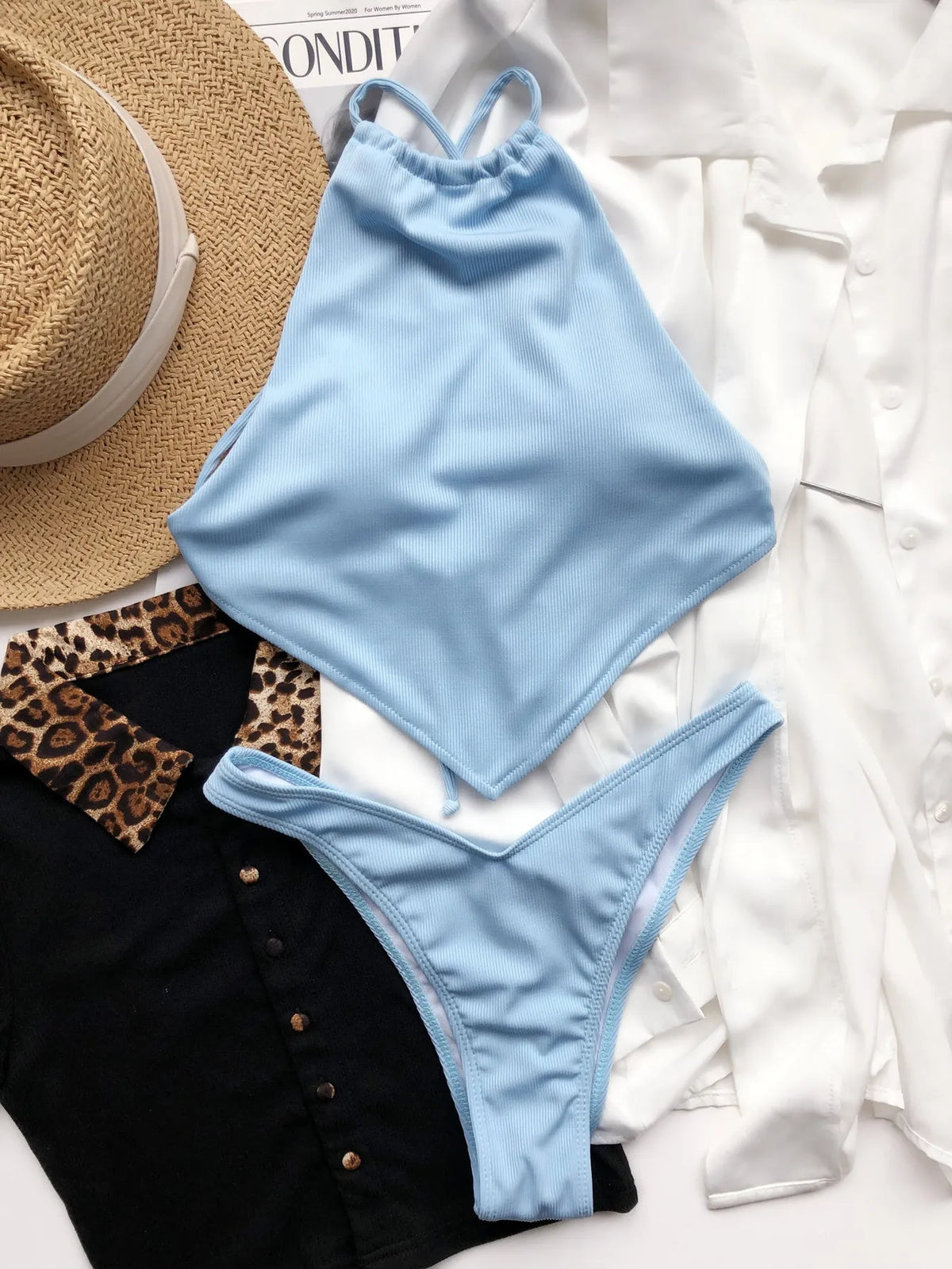 High waist sky blue bikini with chest pad, nylon polyester swimwear, sizes S M L