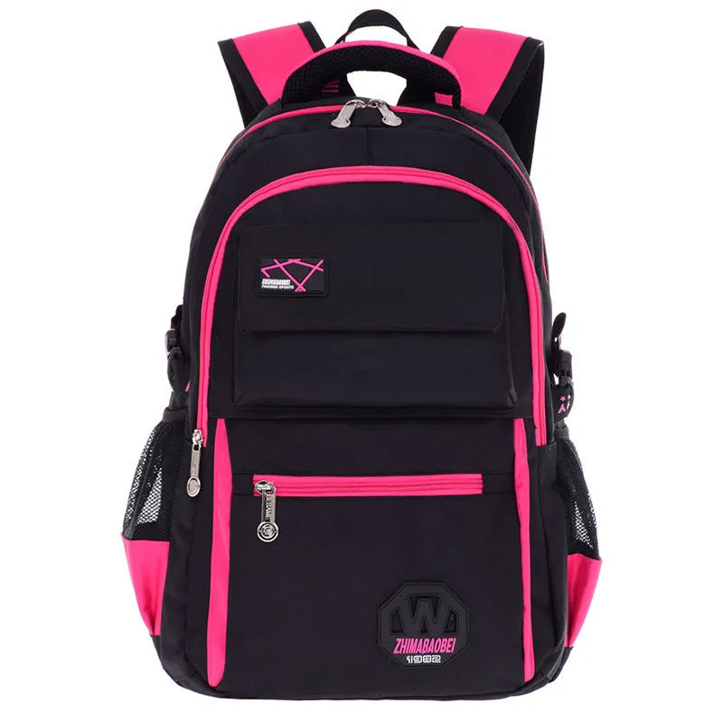 Nylon waterproof school backpack for students in green, with side mesh pocket and multiple compartments.