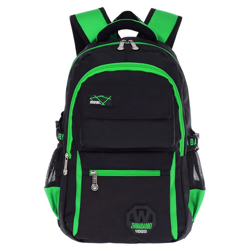 Nylon waterproof school backpack for students in green, with side mesh pocket and multiple compartments.