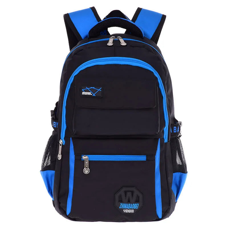 Nylon waterproof school backpack for students in green, with side mesh pocket and multiple compartments.