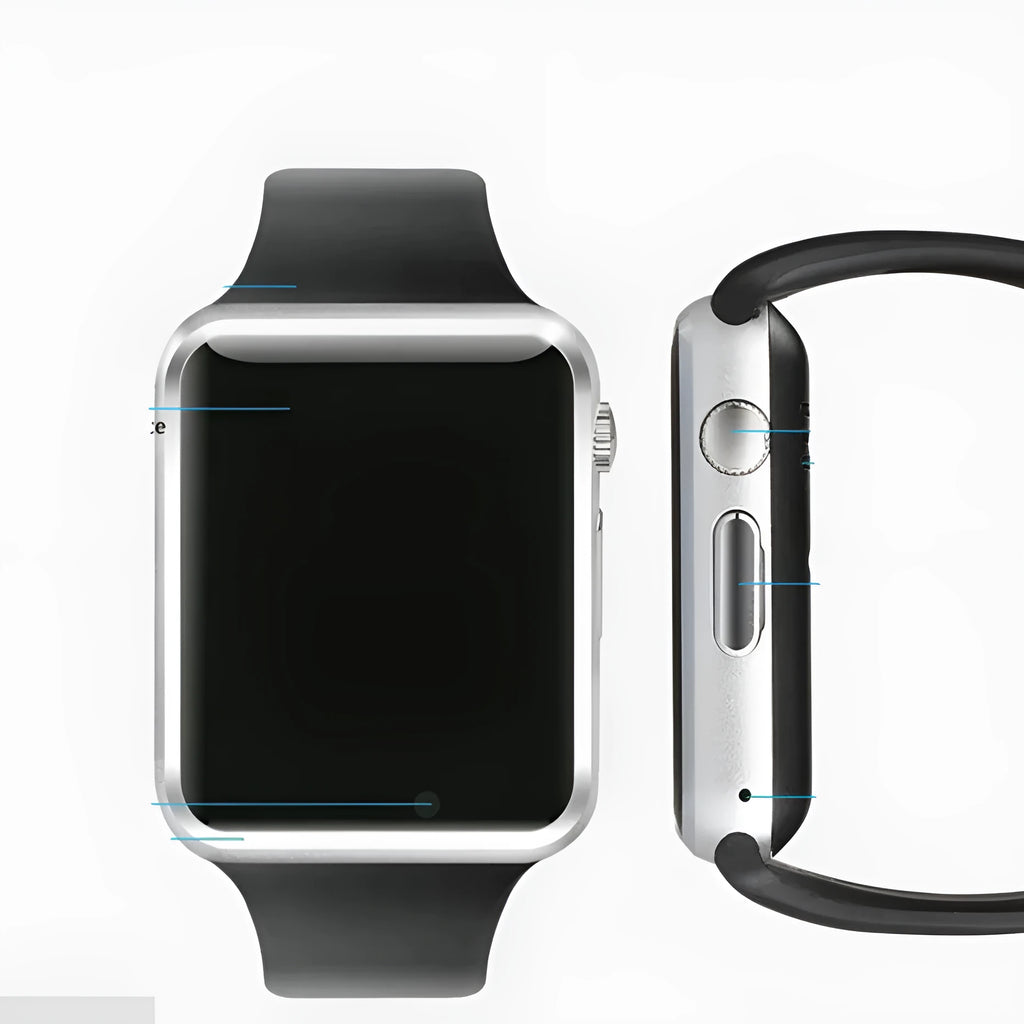 A1 model smart watch on wrist showing 1.54-inch display, available in black, silver, white, gold, pink, red, green, blue.