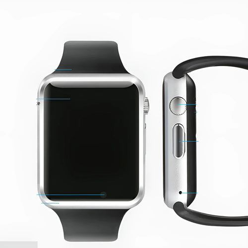 A1 model smart watch on wrist showing 1.54-inch display, available in black, silver, white, gold, pink, red, green, blue.