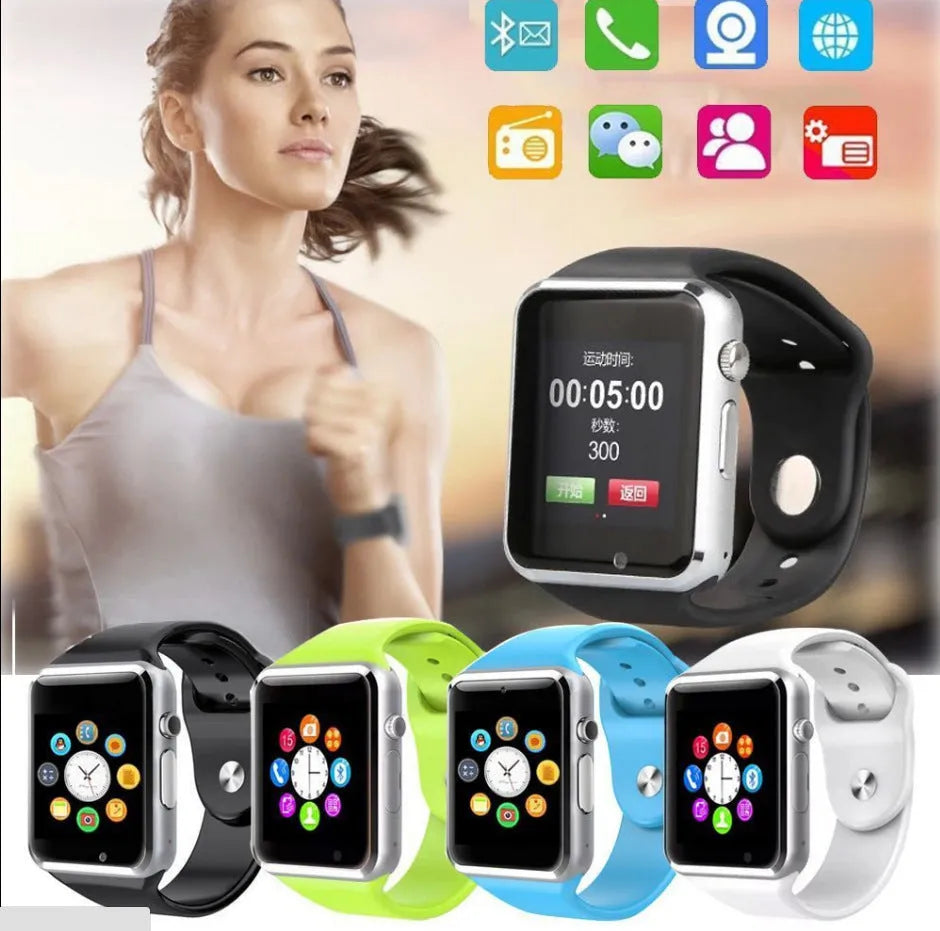 A1 model smart watch on wrist showing 1.54-inch display, available in black, silver, white, gold, pink, red, green, blue.
