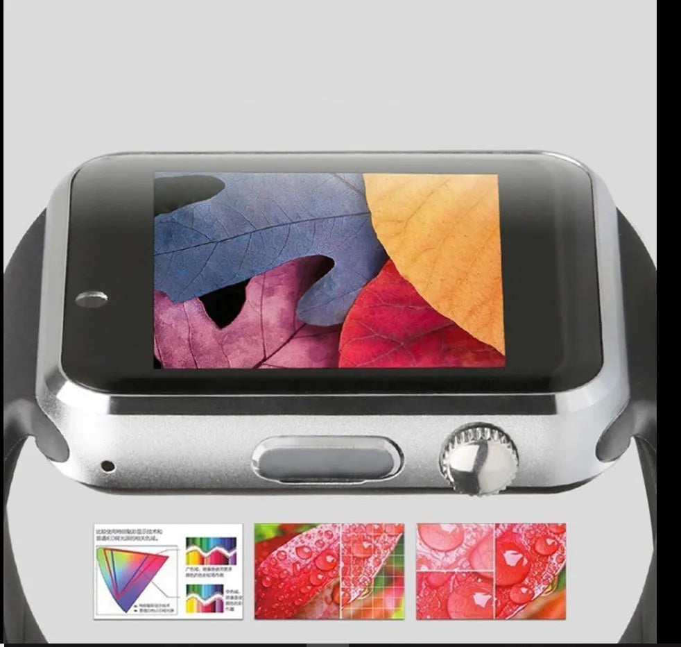 A1 model smart watch on wrist showing 1.54-inch display, available in black, silver, white, gold, pink, red, green, blue.