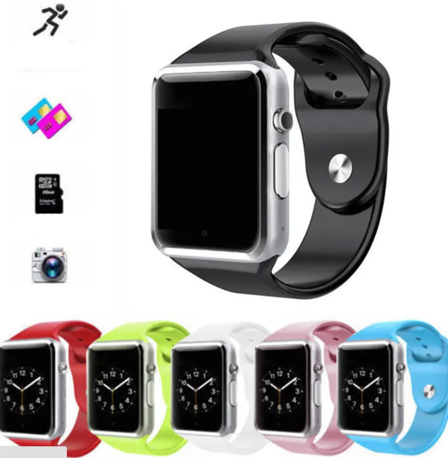 A1 model smart watch on wrist showing 1.54-inch display, available in black, silver, white, gold, pink, red, green, blue.