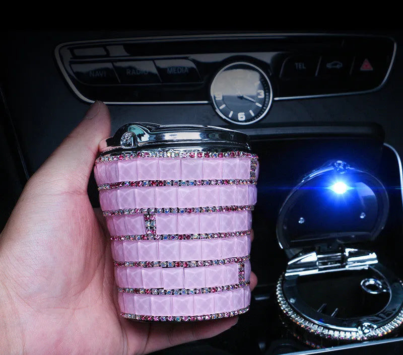 LED diamond-studded plastic car ashtray for automotive interior use with seven colour options