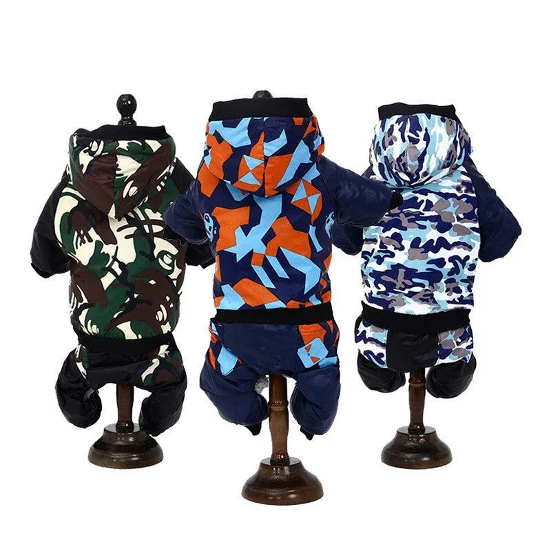Camouflage pet coat on a small dog, hooded design in green pattern, autumn winter outdoor wear