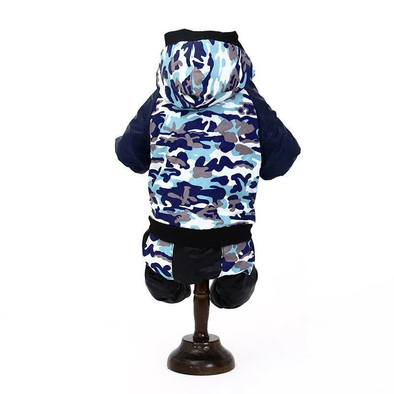 Camouflage pet coat on a small dog, hooded design in green pattern, autumn winter outdoor wear