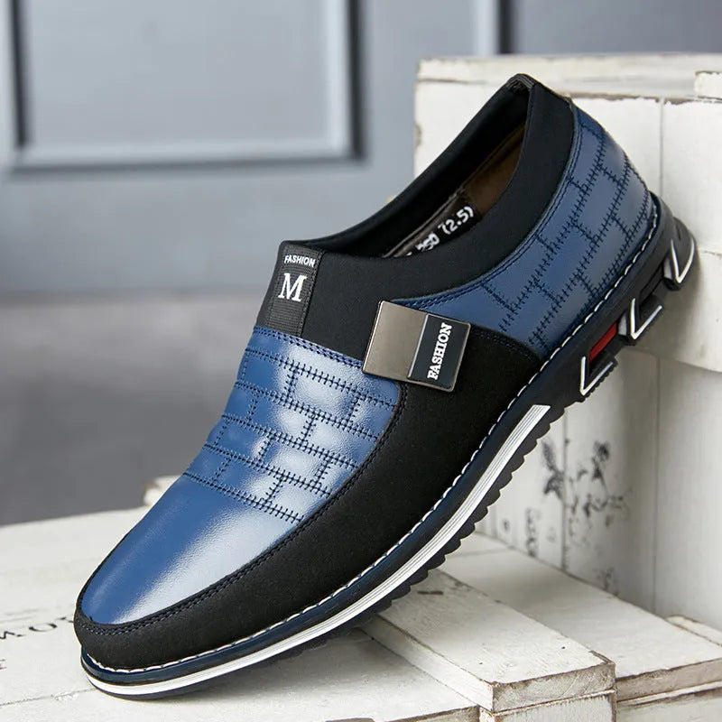 Men's casual leather shoes in black, blue, and brown colours showing low-cut design with imitation leather construction