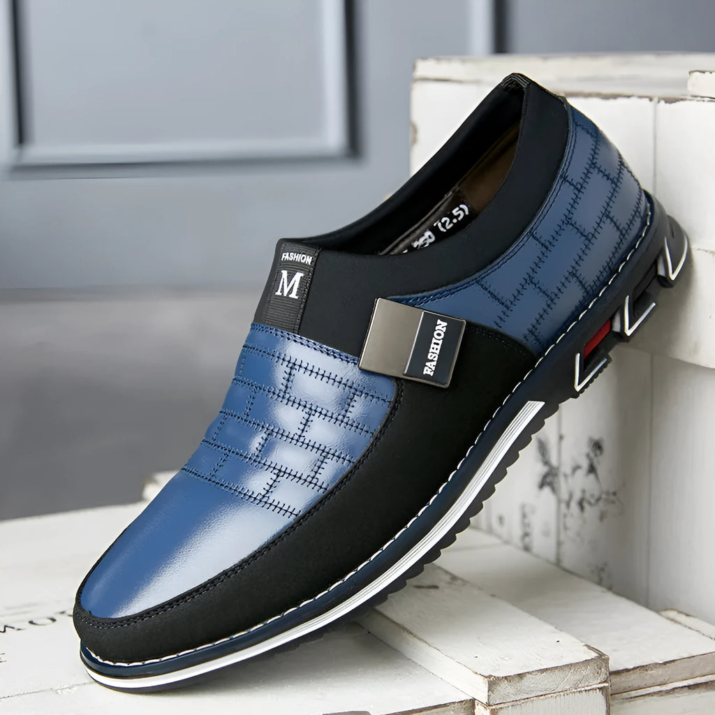 Men's casual leather shoes in black, blue, and brown colours showing low-cut design with imitation leather construction