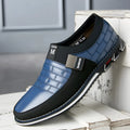 Men's casual leather shoes in black, blue, and brown colours showing low-cut design with imitation leather construction