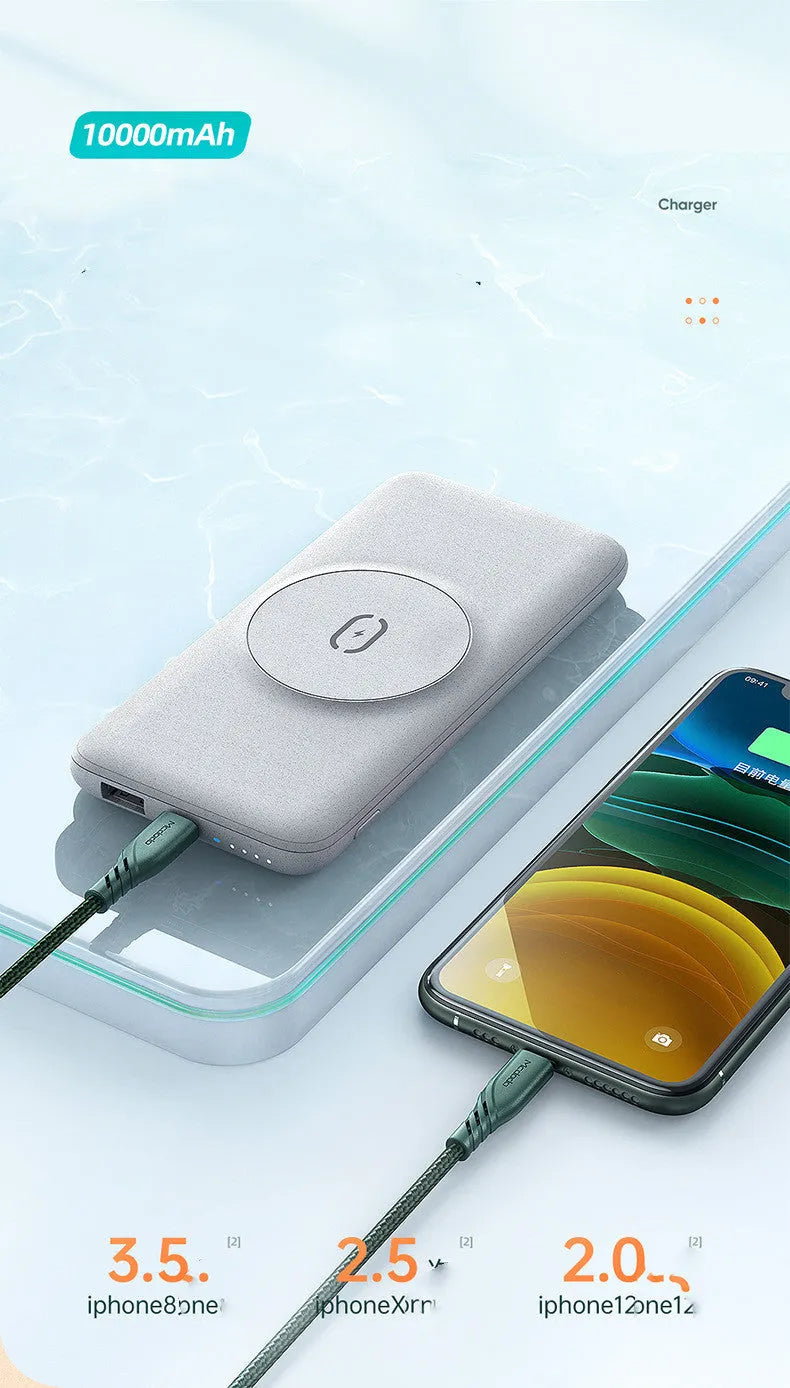 Maiduo MagSafe magnetic power bank showing mint green colour with back clip and magnetic charging surface