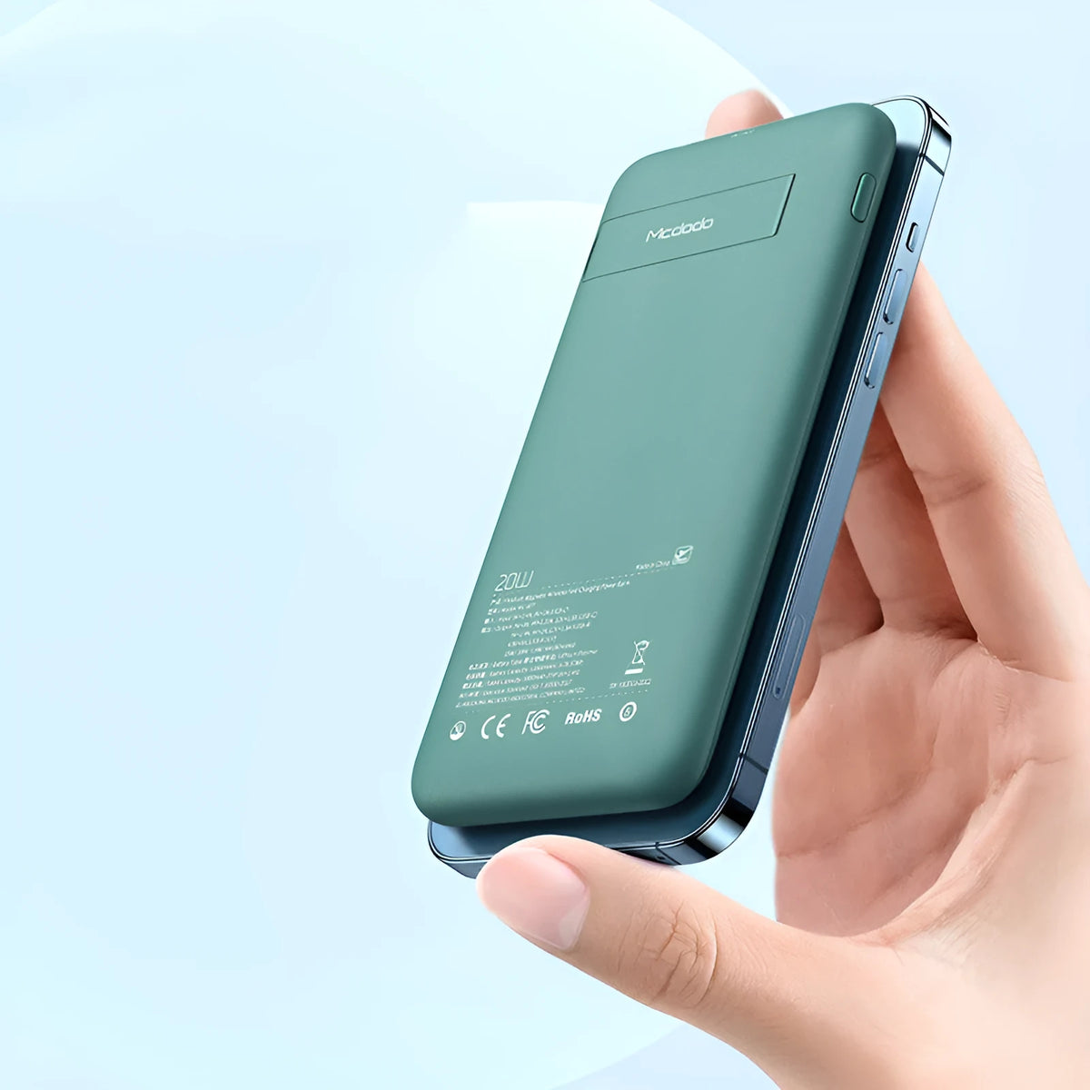 Maiduo MagSafe magnetic power bank showing mint green colour with back clip and magnetic charging surface