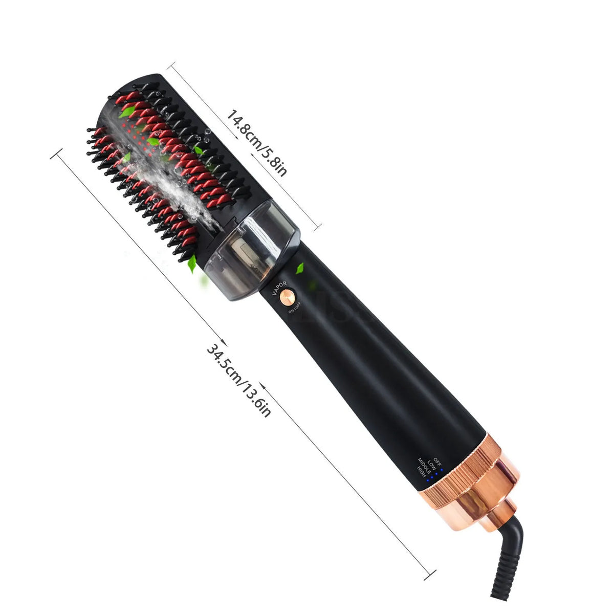 Black and pink hot air comb with ceramic tourmaline barrel showing temperature control settings