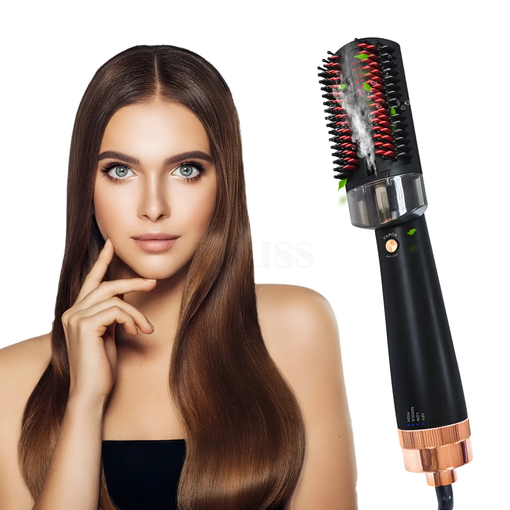 Black and pink hot air comb with ceramic tourmaline barrel showing temperature control settings