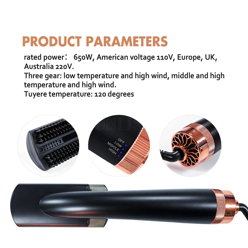 Black and pink hot air comb with ceramic tourmaline barrel showing temperature control settings