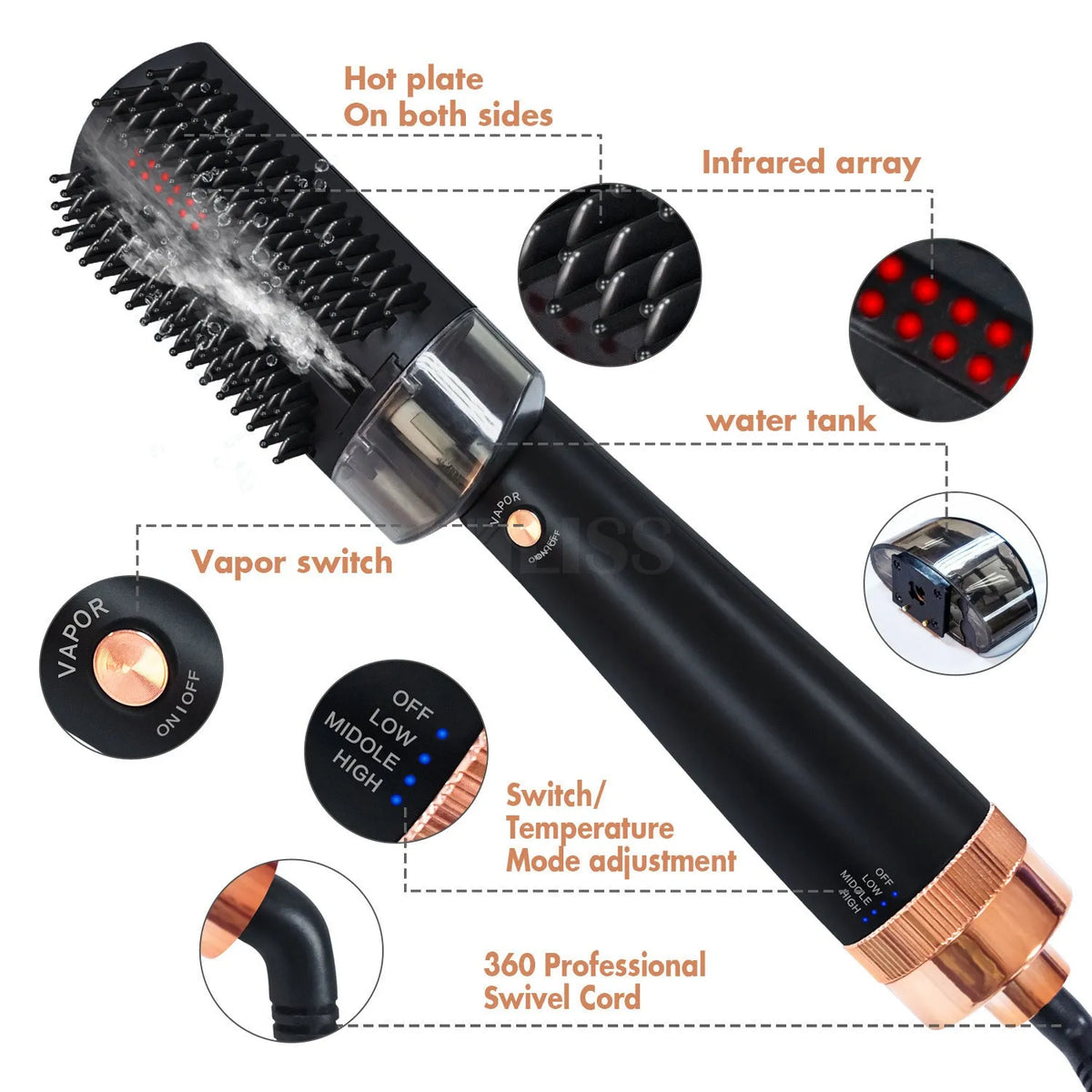 Black and pink hot air comb with ceramic tourmaline barrel showing temperature control settings
