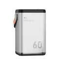 Large grey outdoor power bank with 60000mAh capacity showing multiple USB ports for device charging
