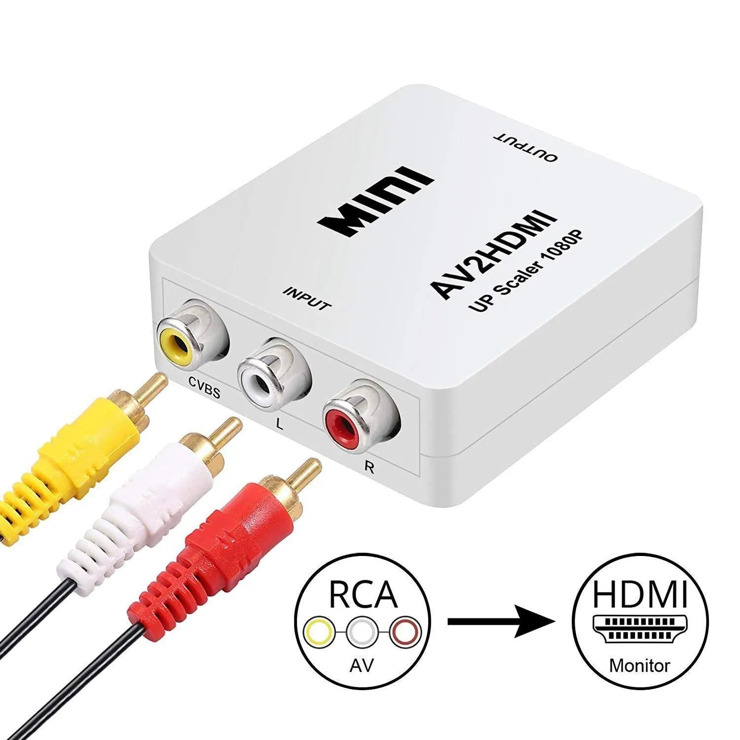 Black and white AV to HDMI converter with 0.5m cable for 1080p video conversion