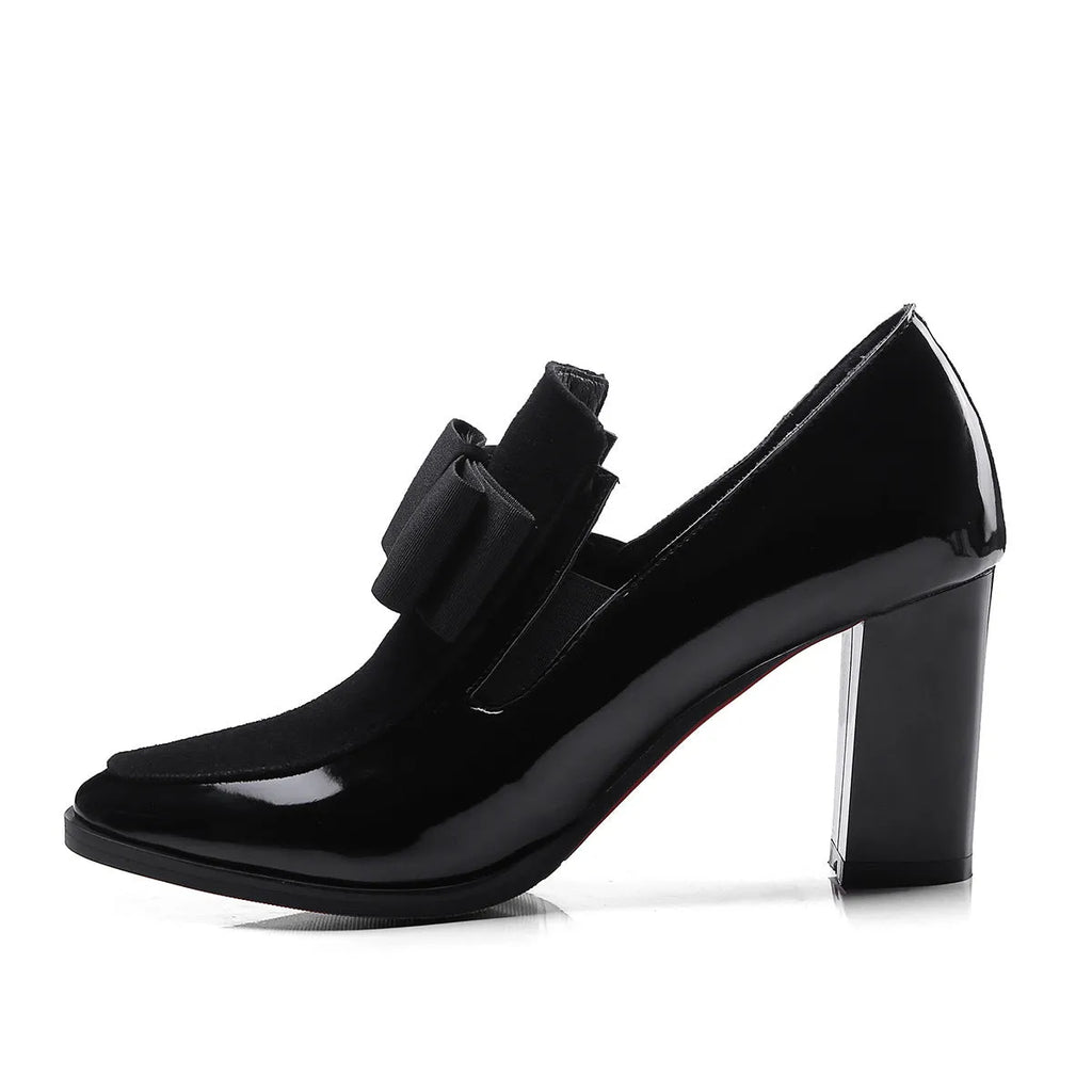 Women's patent leather high heels with thick heel above 8cm and square toe in black and wine red